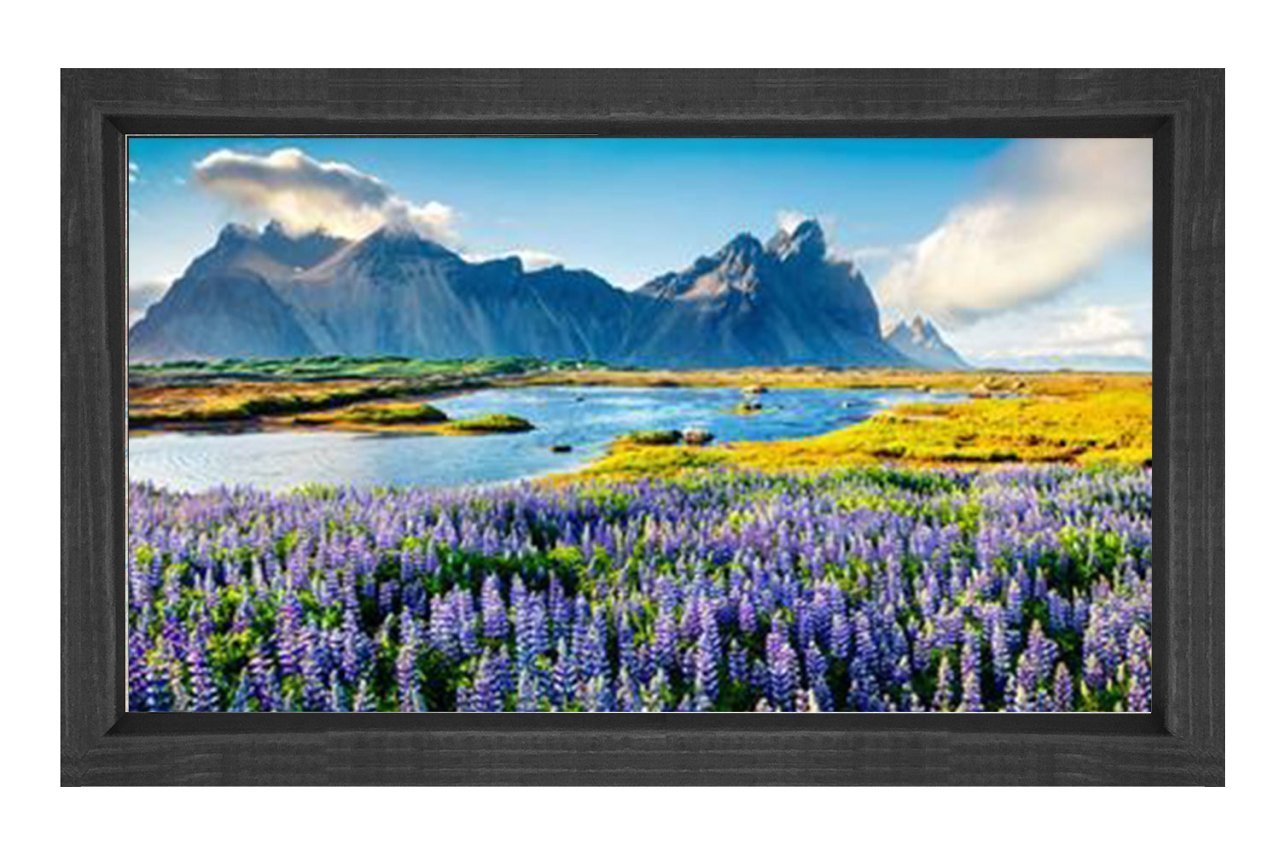Çiçekli Nehir ve Dağ Manzara Tablosu Siyah Ahşap - 50x90