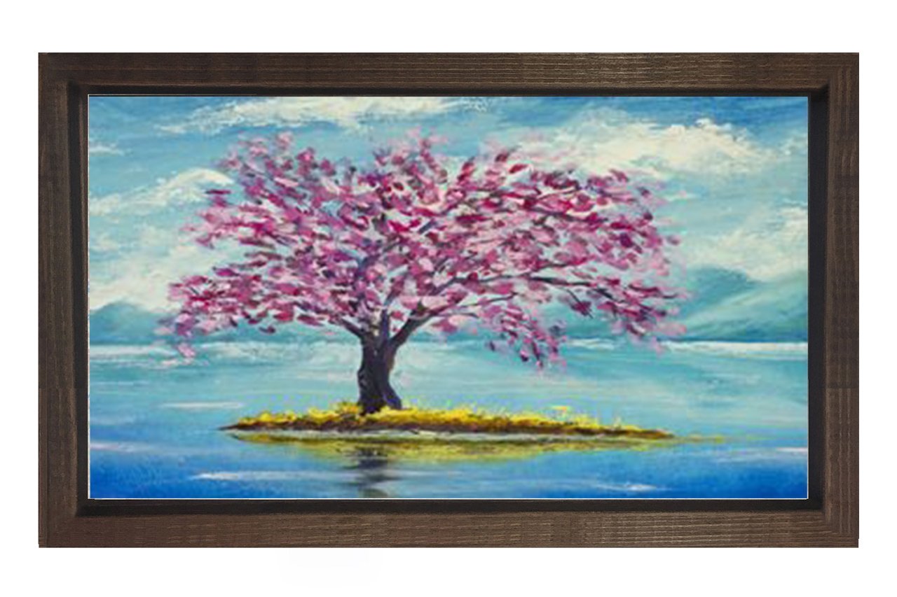 Pembe Çiçekli Ağaç Göl Manzara Tablosu Kahverengi Ahşap Çerçeve - 100x200