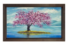 Pembe Çiçekli Ağaç Göl Manzara Tablosu Kahverengi Ahşap Çerçeve - 100x200