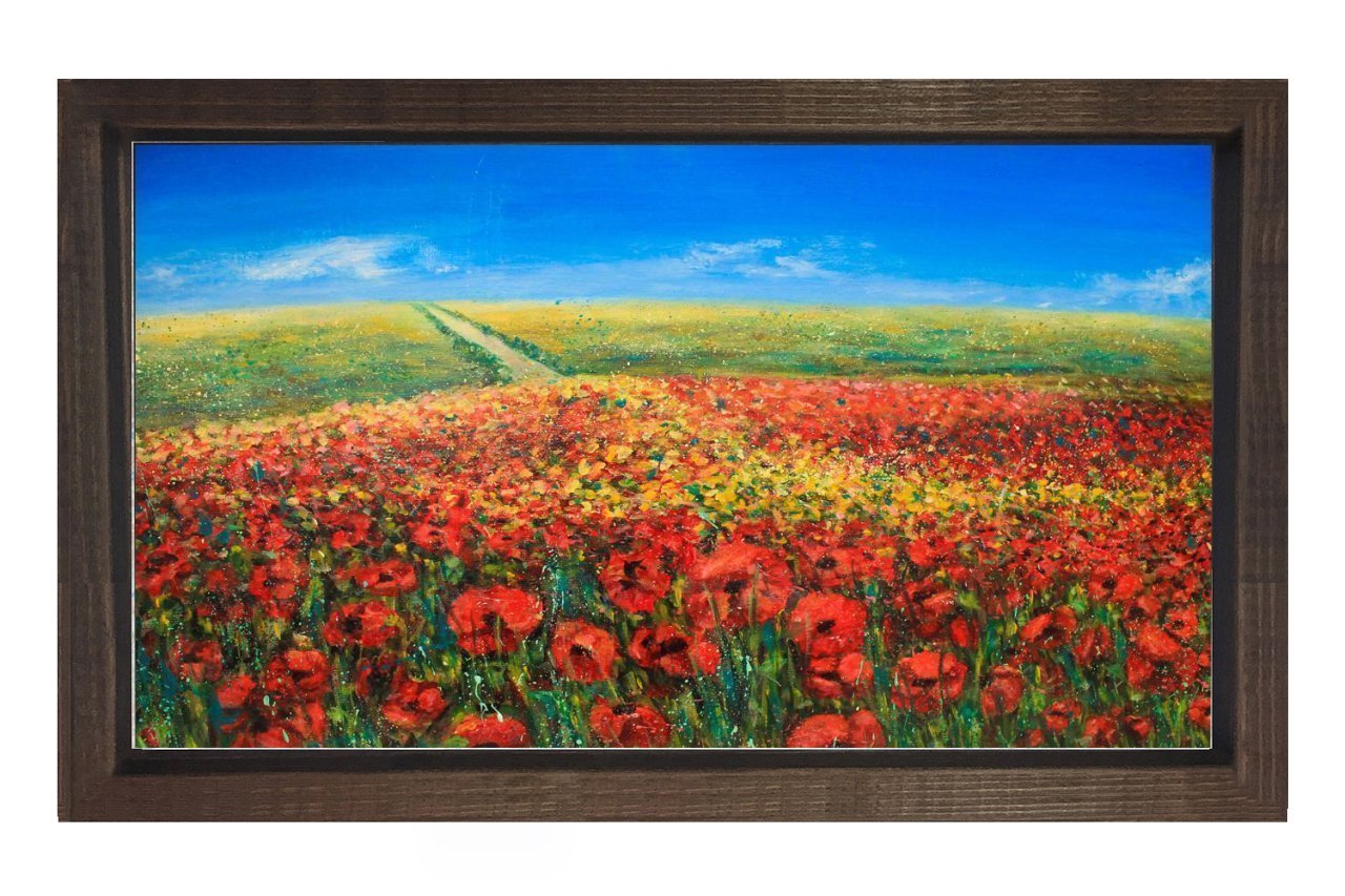 Gelincik Tarlası Manzara Tablosu Kahverengi Ahşap - 100x200