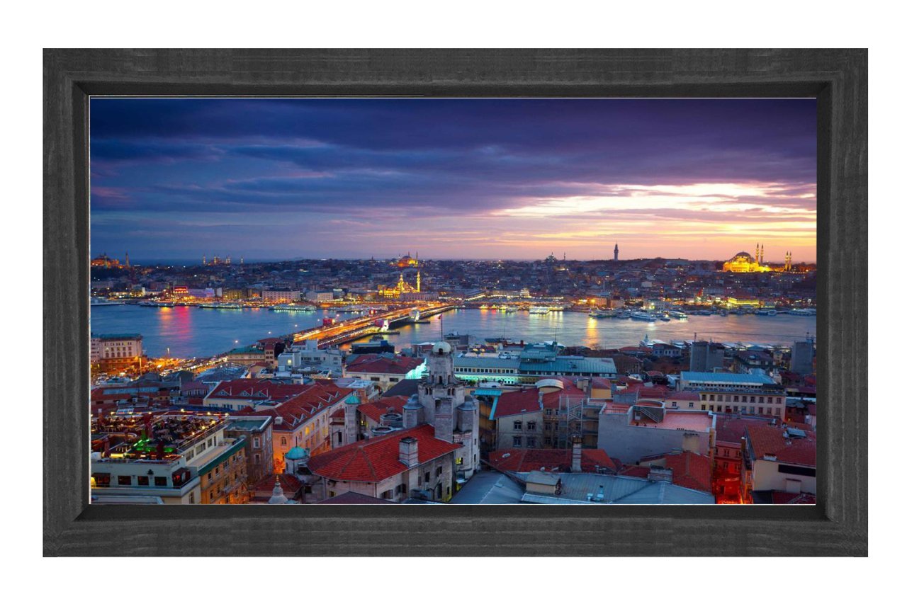 Galata Köprüsü ile Cami Silüetleri Tablosu Siyah Ahşap Çerçeve - 100x150