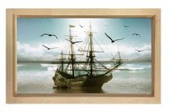 Kalyon Gemi Ve Kumsal Tablosu Naturel Ahşap Çerçeve - 50x90