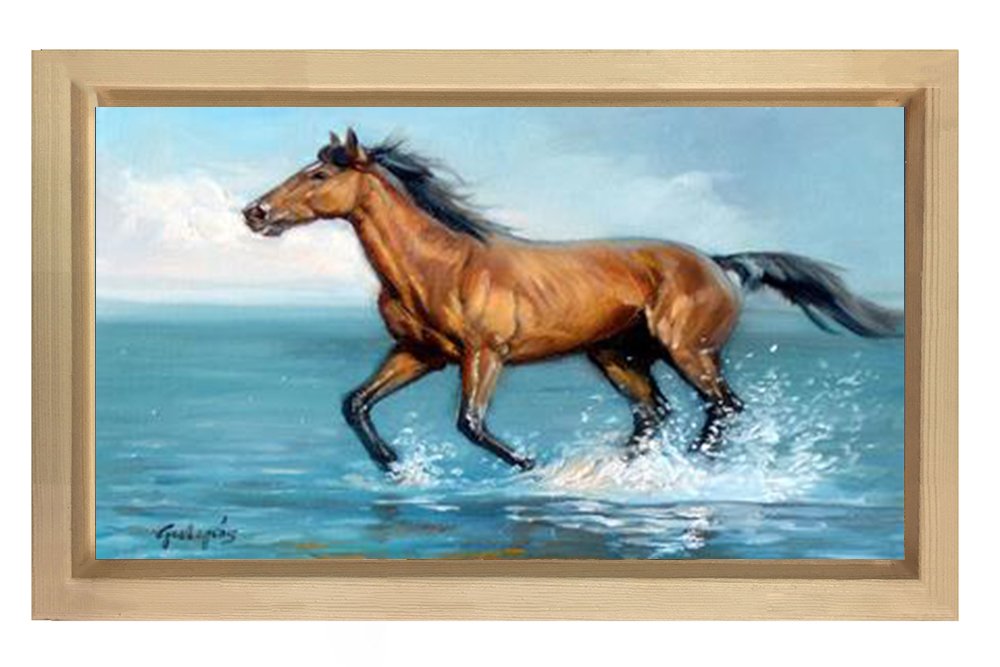 At ve Deniz Tablosu Naturel Ahşap Çerçeve - 50x70