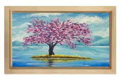 Pembe Çiçekli Ağaç Göl Manzara Tablosu Naturel Ahşap Çerçeve - 100x200