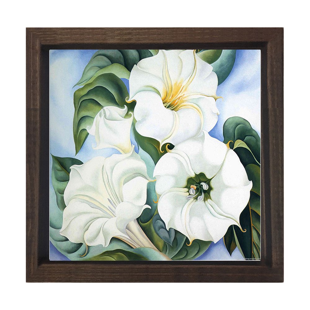 Beyaz Çiçekler Tablosu Kahverengi Ahşap Çerçeve - 70x70