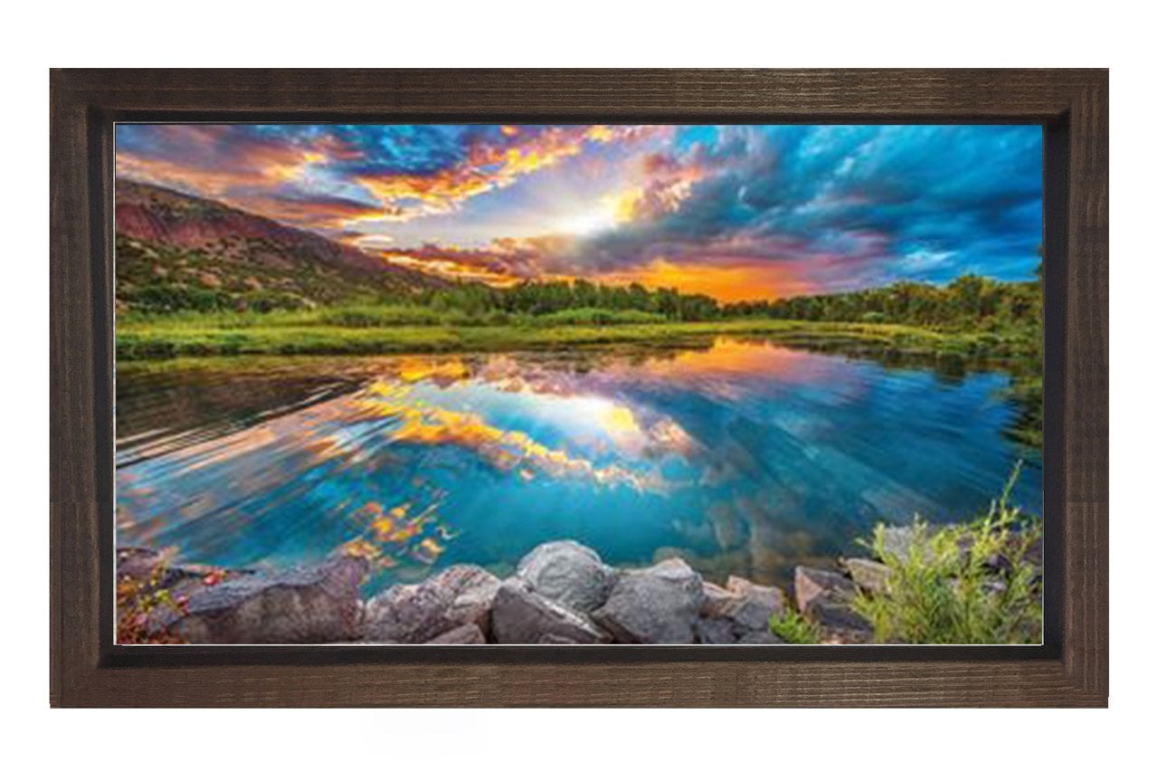 Bulutlu Gökyüzü Orman Ve Göl Tablosu Kahverengi Ahşap Çerçeve - 100x150