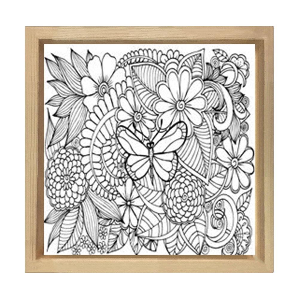 Kelebek Ve Çiçekli Boyama Tablo Tablosu Naturel Ahşap Çerçeve - 30x30