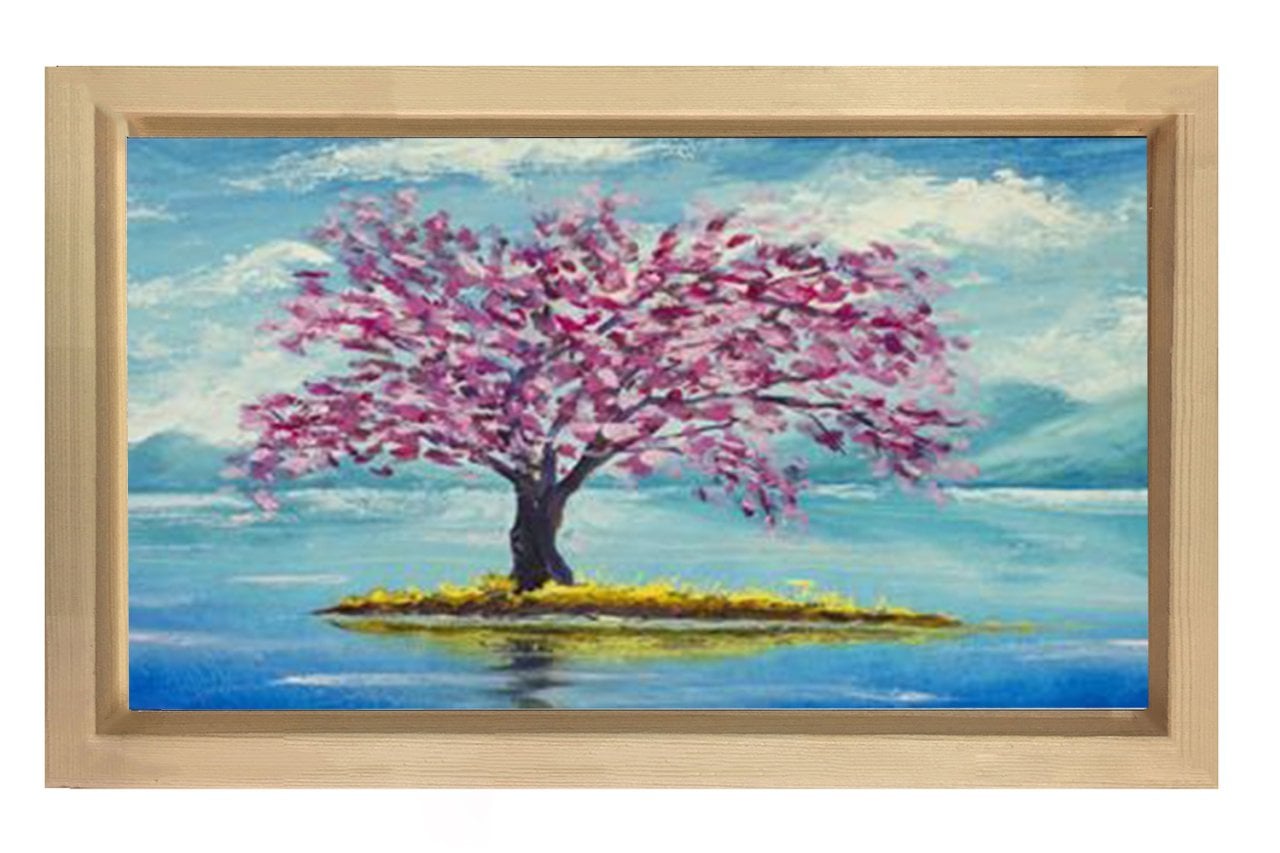 Pembe Çiçekli Ağaç Göl Manzara Tablosu Naturel Ahşap Çerçeve - 45x30