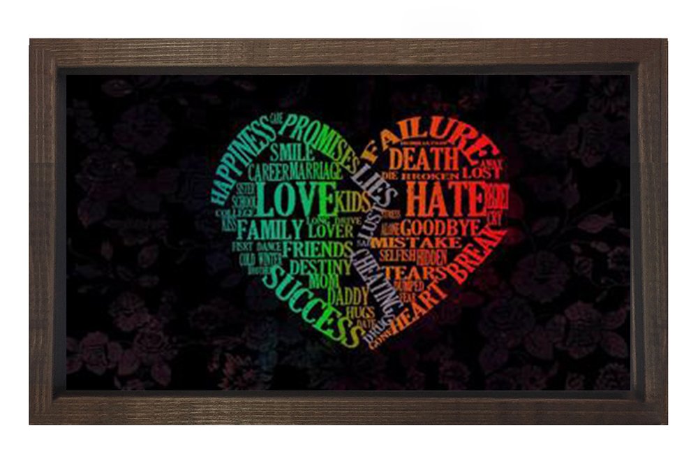 Love ve Hate Yazılı Kalp Silueti Tablosu Kahverengi Ahşap - 50x70
