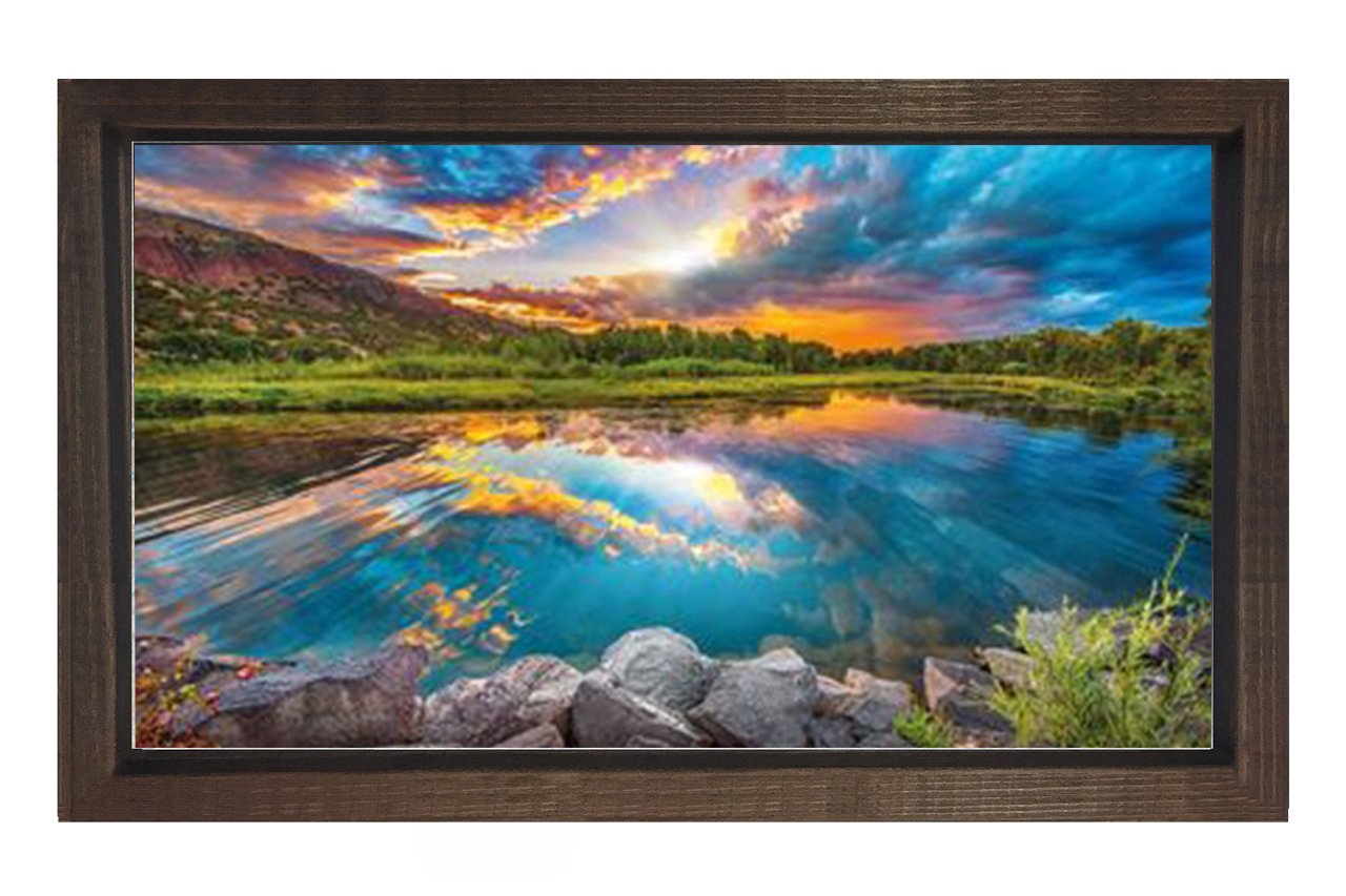 Bulutlu Gökyüzü Orman Ve Göl Tablosu Kahverengi Ahşap Çerçeve - 40x60