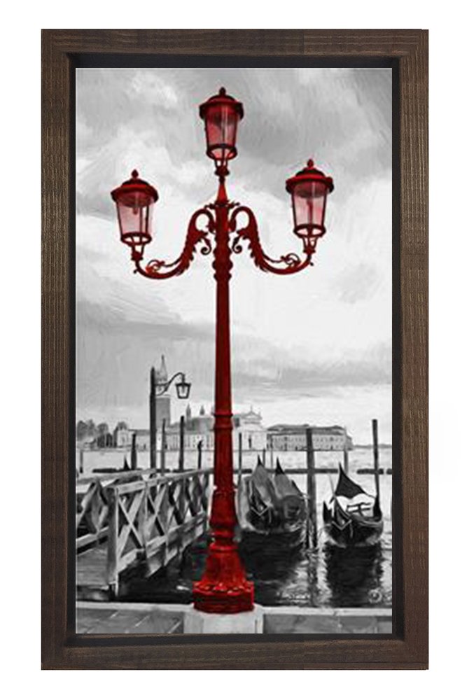 Siyah beyaz Kırmızı Lamba Tablosu Kahverengi Ahşap Çerçeve - 45x30