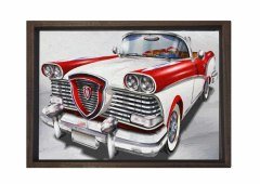 Kırmızı Beyaz Klasik Araba Tablosu Kahverengi Ahşap - 40x60