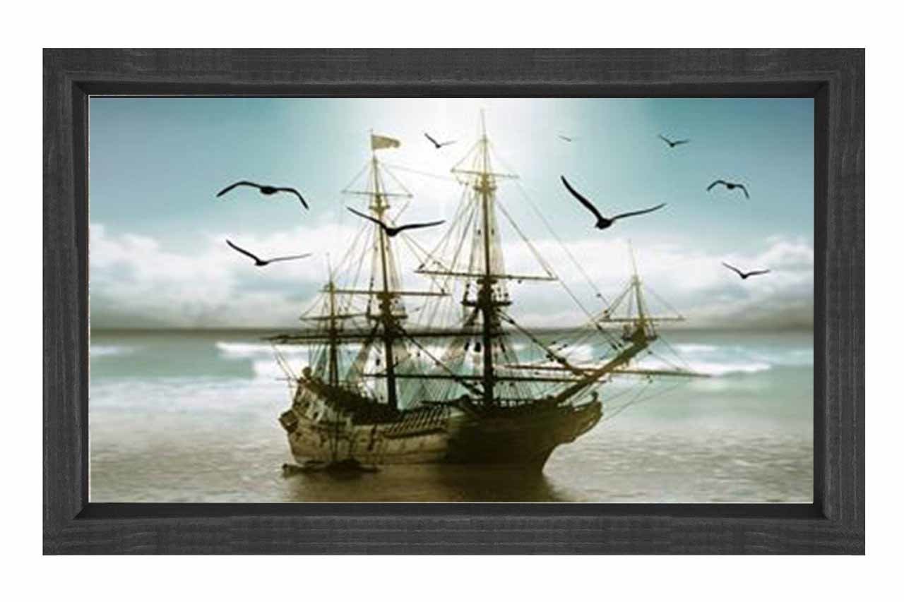Kalyon Gemi Ve Kumsal Tablosu Siyah Ahşap Çerçeve - 70x100