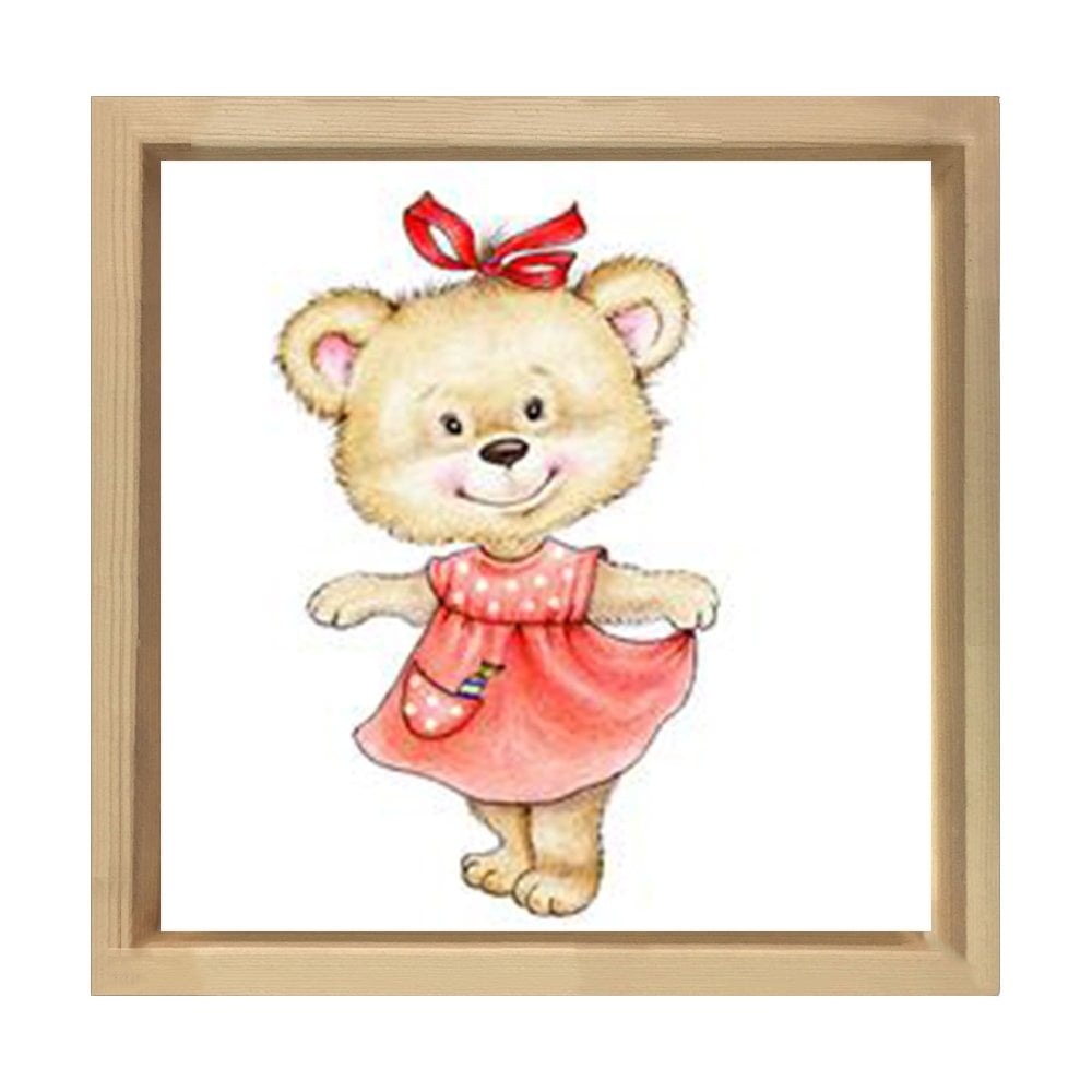 Süslü Cicili Ayıcık Tablosu Naturel Ahşap Çerçeve - 30x30