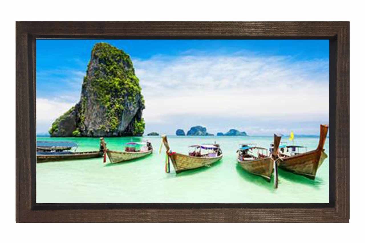Tropikal Deniz Ve Kayıklar Tablosu Kahverengi Ahşap Çerçeve - 100x150