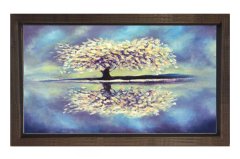 Beyaz Çiçekli Ağaç ve Göl Tablosu Kahverengi Ahşap Çerçeve - 40x60
