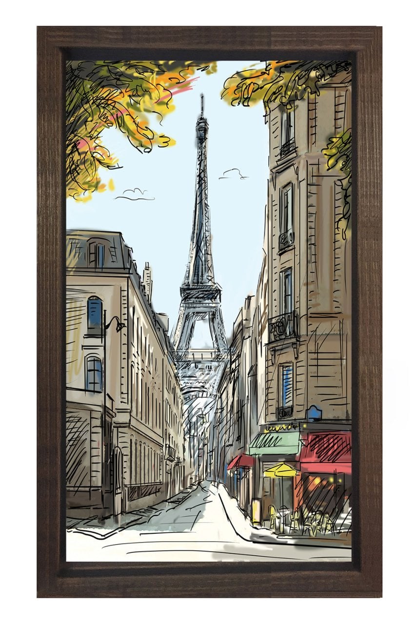 Eiffel  Kulesi Vektörel Tablosu Kahverengi Ahşap Çerçeve - 50x90