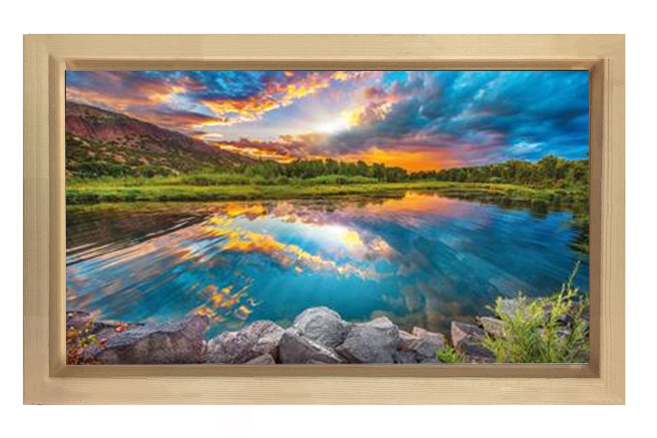 Bulutlu Gökyüzü Orman Ve Göl Tablosu Naturel Ahşap Çerçeve - 100x150