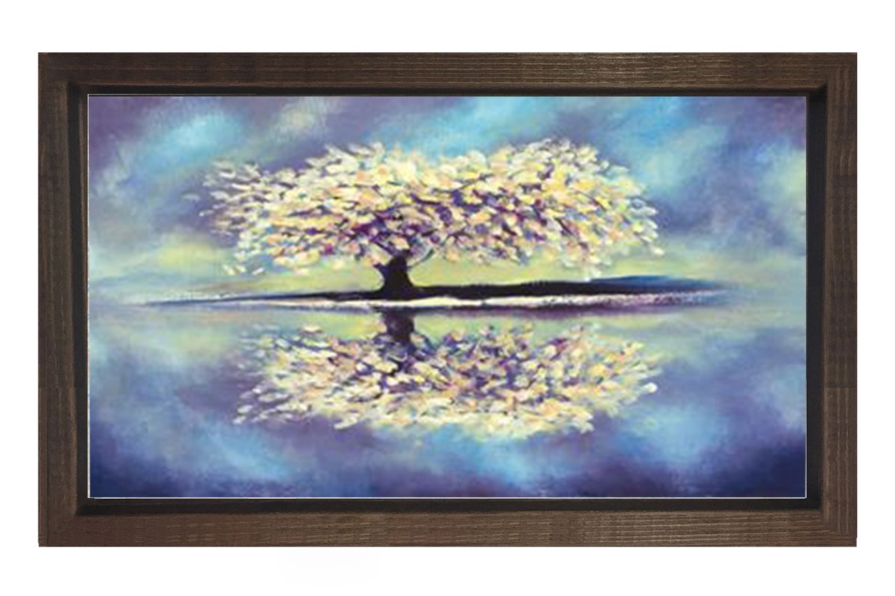 Beyaz Çiçekli Ağaç ve Göl Tablosu Kahverengi Ahşap Çerçeve - 50x70