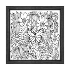 Kelebek Ve Çiçekli Boyama Tablo Tablosu Siyah Ahşap Çerçeve - 40x40