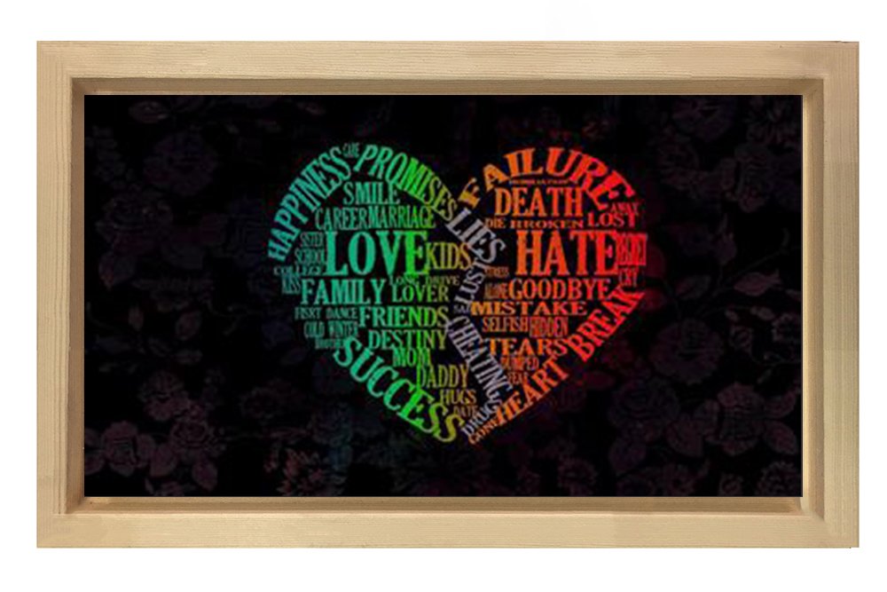 Love ve Hate Yazılı Kalp Silueti Tablosu Naturel Ahşap - 50x90