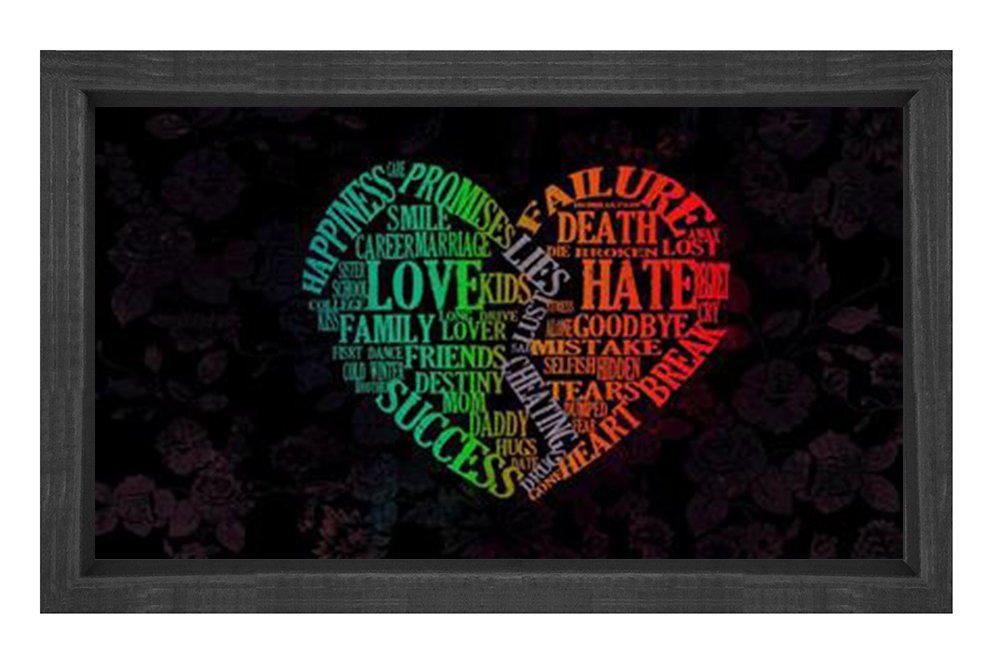 Love ve Hate Yazılı Kalp Silueti Tablosu Siyah Ahşap - 100x200