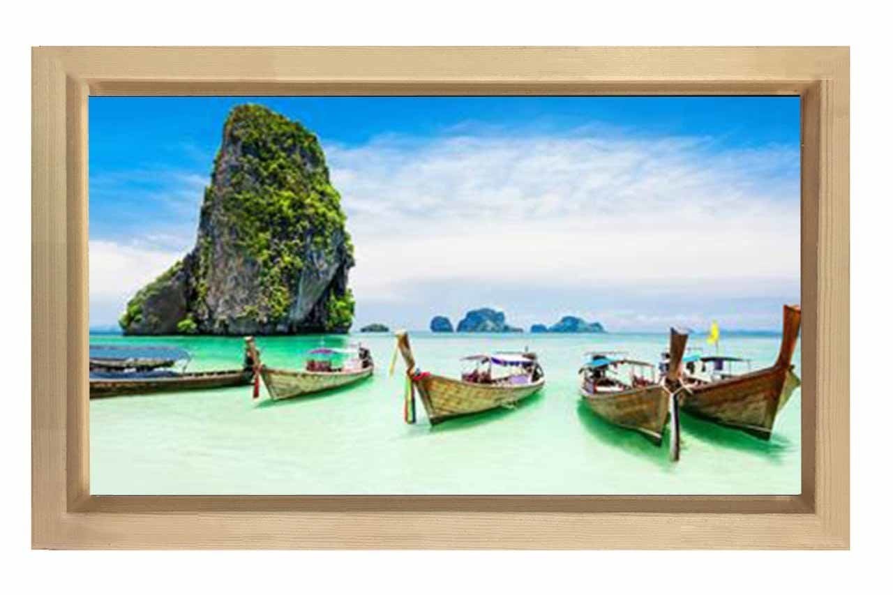 Tropikal Deniz Ve Kayıklar Tablosu Naturel Ahşap Çerçeve - 40x60