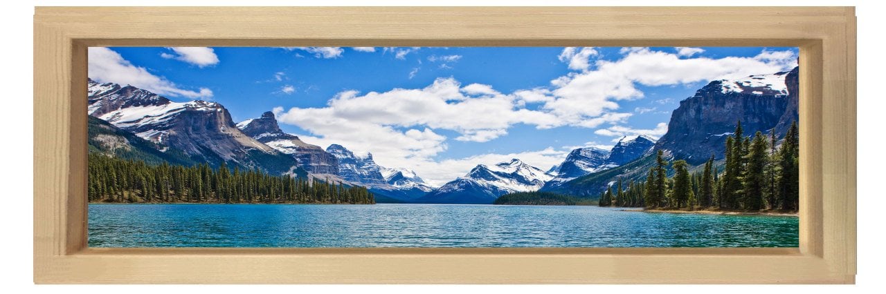 Göl ve Karlı Dağlar Tablosu Naturel Ahşap Çerçeve - 120x40
