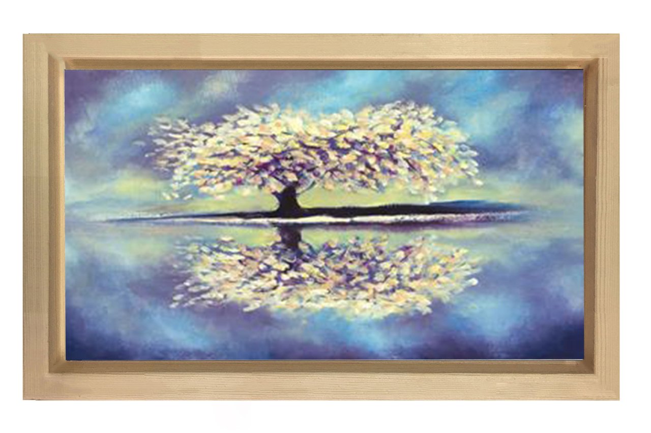 Beyaz Çiçekli Ağaç ve Göl Tablosu Naturel Ahşap Çerçeve - 50x70