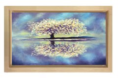 Beyaz Çiçekli Ağaç ve Göl Tablosu Naturel Ahşap Çerçeve - 50x70