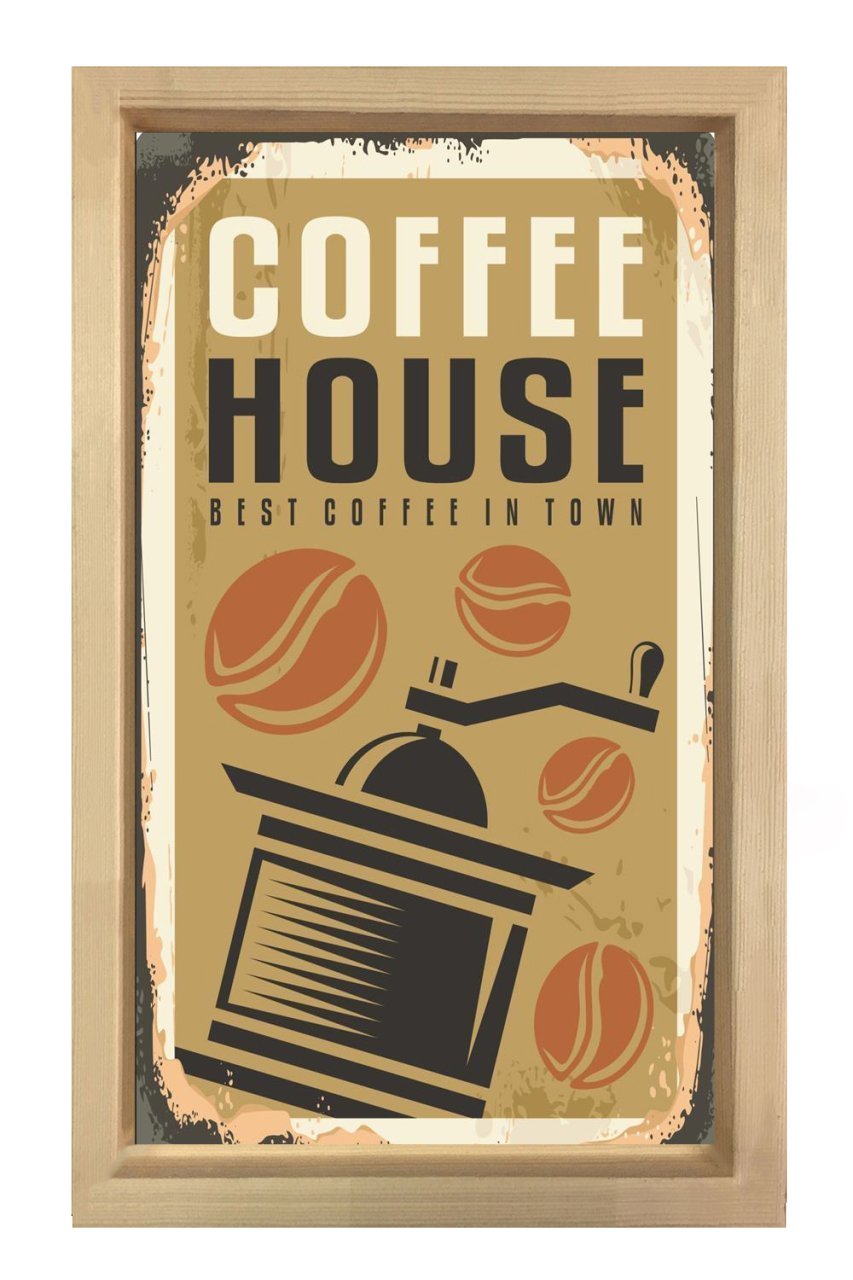Coffee Evi Reklam Afişi Tablosu Naturel Ahşap Çerçeve - 70x100