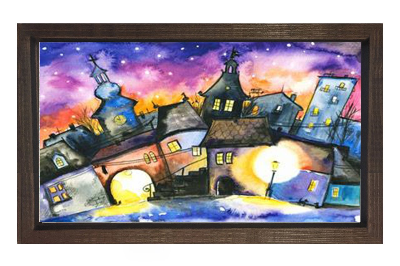 Gece Şehiri Sanat Tablosu Kahverengi Ahşap Çerçeve - 45x30
