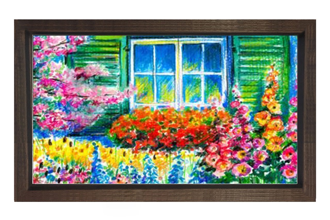 Pencere Ve Çiçekli Bahçe Tablosu Kahverengi Ahşap - 50x70