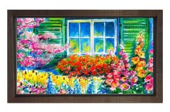 Pencere Ve Çiçekli Bahçe Tablosu Kahverengi Ahşap - 50x70