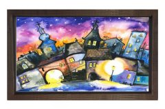 Gece Şehiri Sanat Tablosu Kahverengi Ahşap Çerçeve - 50x70