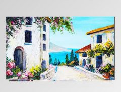 Çiçekli Evler Deniz Manzarası Tablosu Çerçevesiz - 40x60