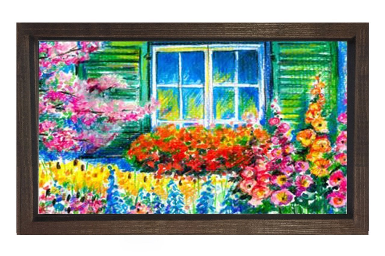 Pencere Ve Çiçekli Bahçe Tablosu Kahverengi Ahşap - 70x100
