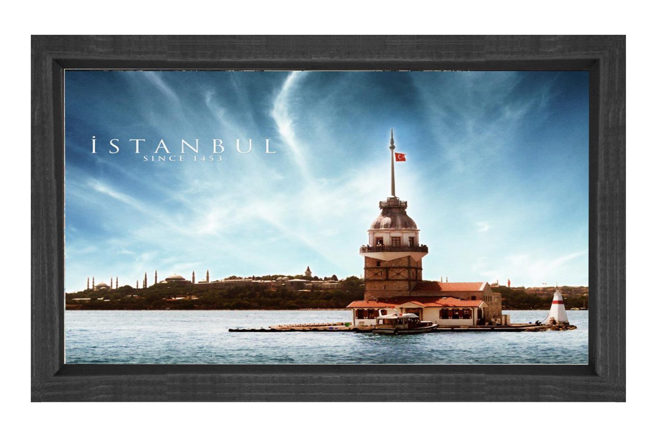 İstanbul Yazılı Kızkulesi Tablosu Siyah Ahşap Çerçeve - 45x30