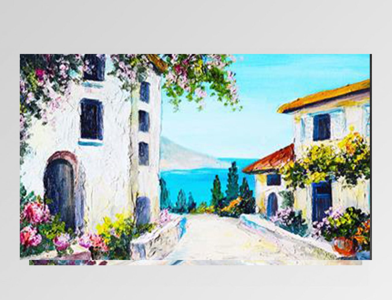 Çiçekli Evler Deniz Manzarası Tablosu Çerçevesiz - 45x30
