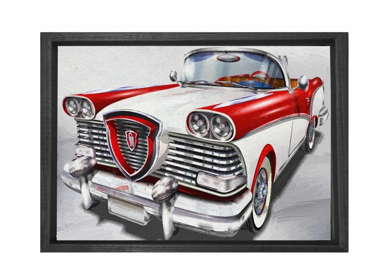 Kırmızı Beyaz Klasik Araba Tablosu Siyah Ahşap - 50x70