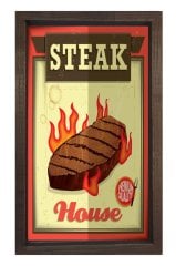 Steak Et Reklam Afişi Tablosu Kahverengi Ahşap Çerçeve - 45x30