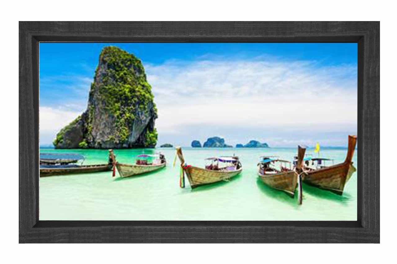 Tropikal Deniz Ve Kayıklar Tablosu Siyah Ahşap Çerçeve - 100x200