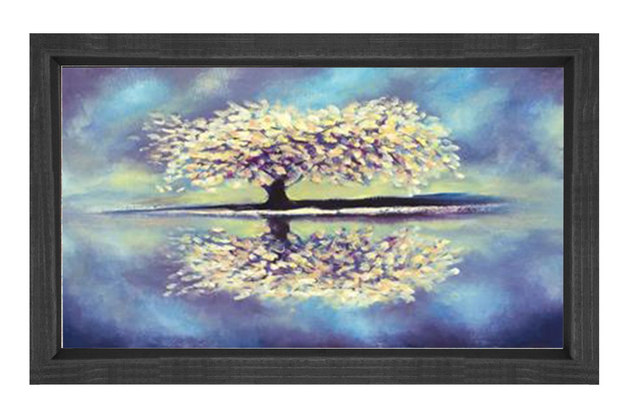 Beyaz Çiçekli Ağaç ve Göl Tablosu Siyah Ahşap Çerçeve - 45x30