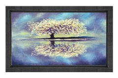 Beyaz Çiçekli Ağaç ve Göl Tablosu Siyah Ahşap Çerçeve - 45x30