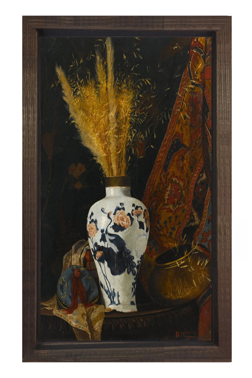 Beyaz Vazoda Çiçek Tablosu Kahverengi Ahşap Çerçeve - 40x60
