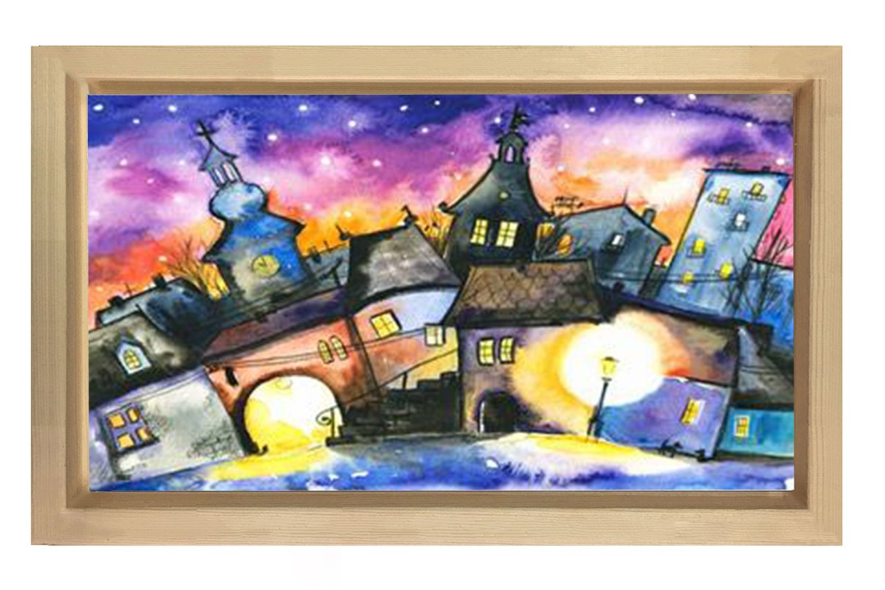 Gece Şehiri Sanat Tablosu Naturel Ahşap Çerçeve - 40x60