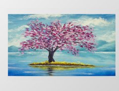 Pembe Çiçekli Ağaç Göl Manzara Tablosu Çerçevesiz - 70x100