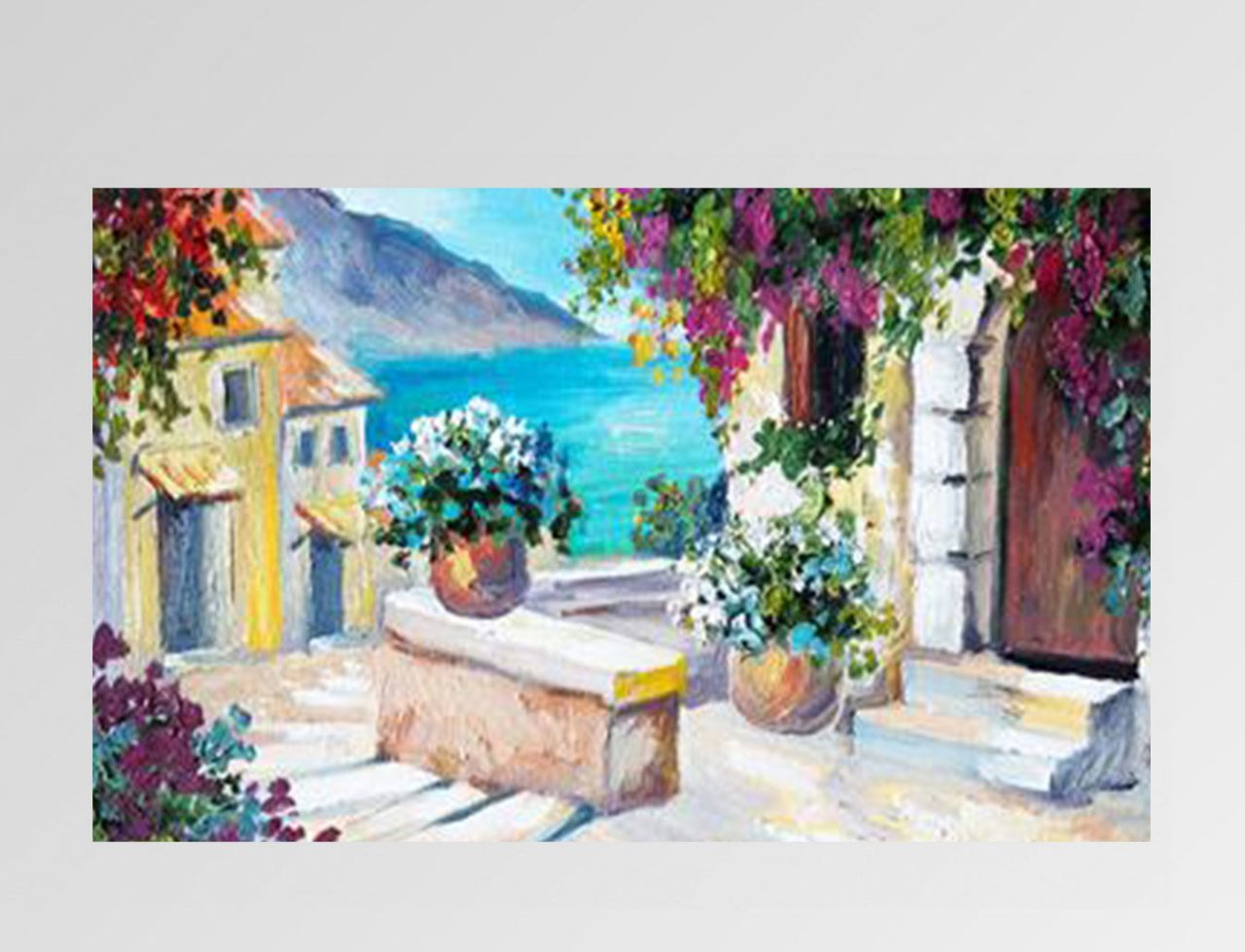 Çiçekli Evler Deniz Manzarası Tablosu Çerçevesiz - 100x200
