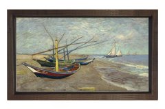 Kayıklar Sahilde Tablosu Kahverengi Ahşap Çerçeve - 50x70