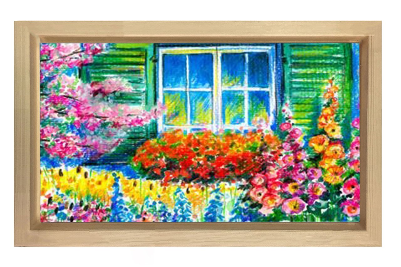 Pencere Ve Çiçekli Bahçe Tablosu Naturel Ahşap - 70x100